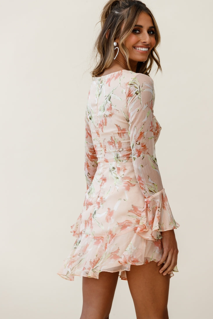 Adalia Long Sleeve Flared Cuff Dress Flower Print Nude by Selfie Leslie