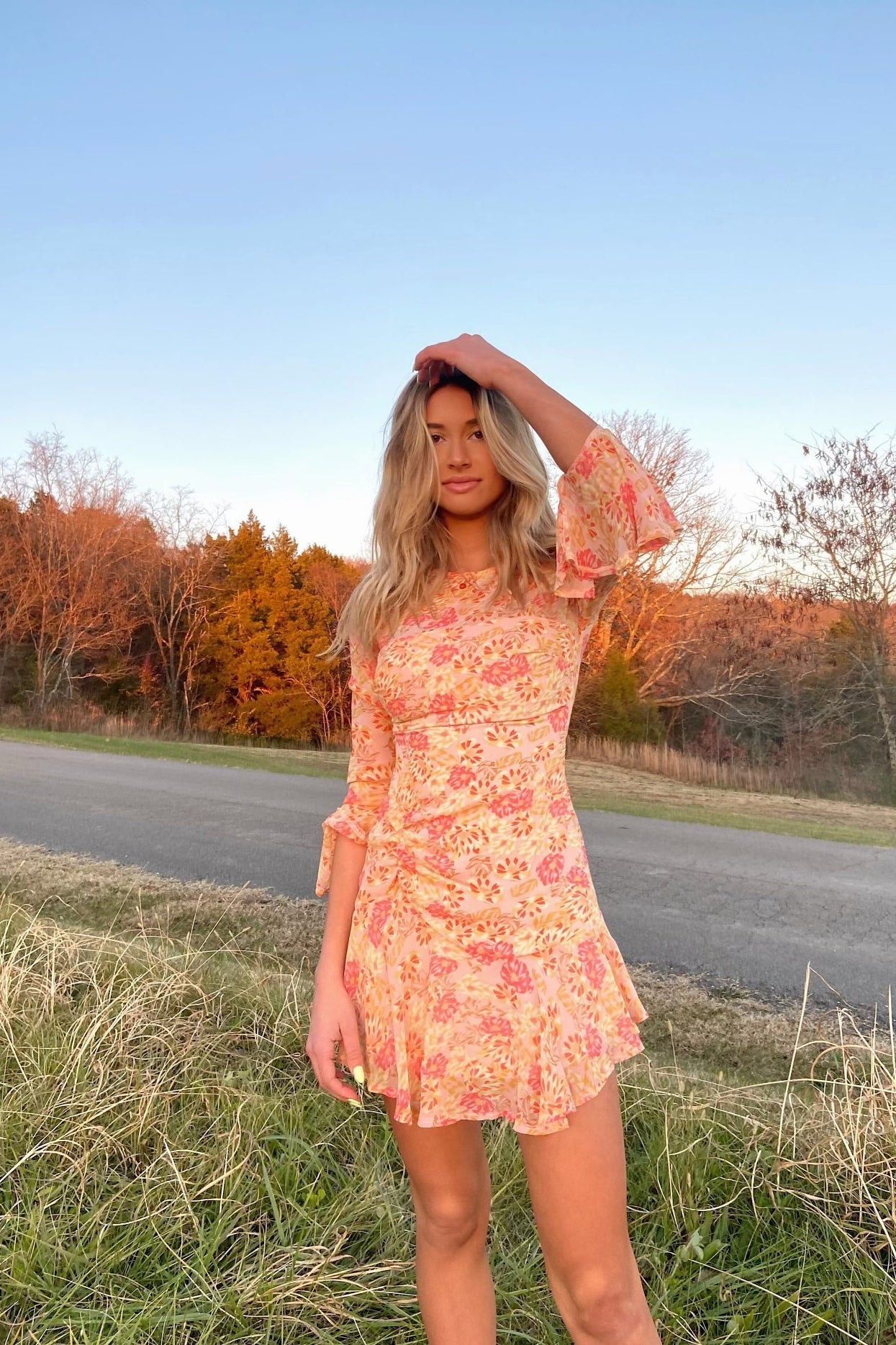 Adalia Long Sleeve Flared Cuff Dress Floral Print Pink by Selfie Leslie