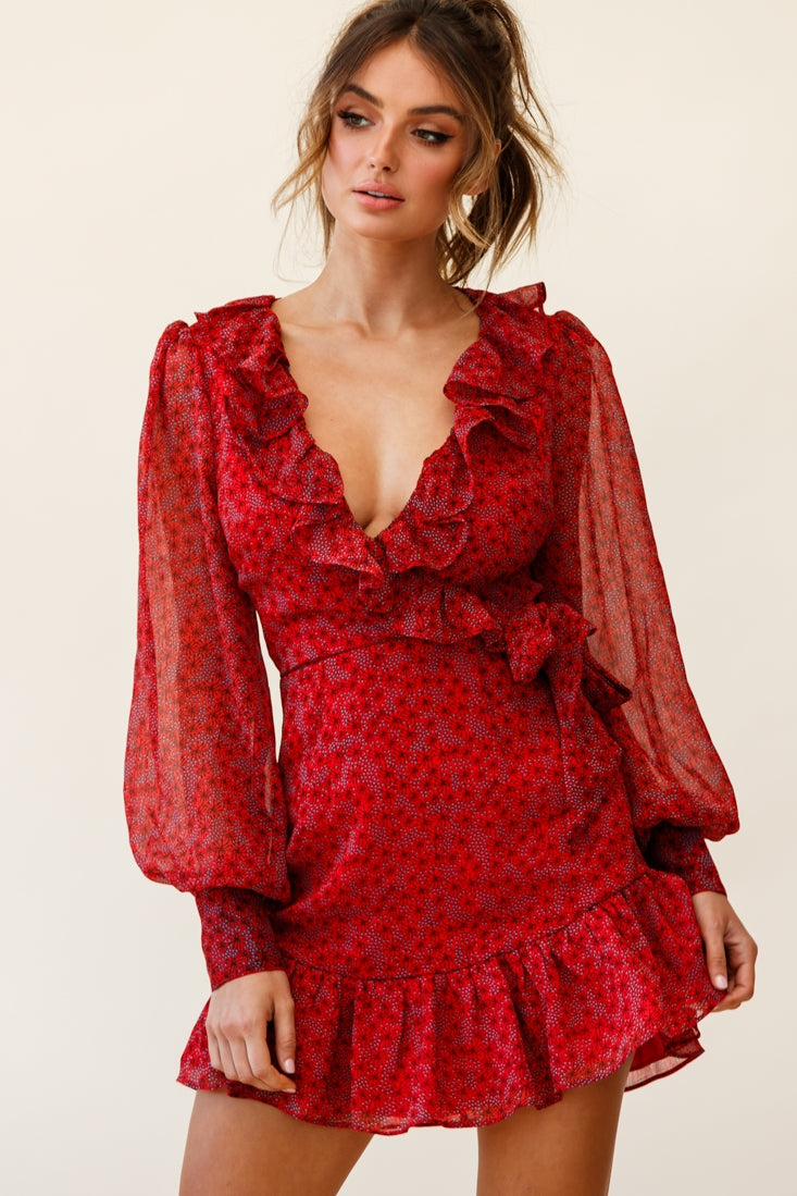 Regina Long Sleeve Ruffle Neckline Dress Flower Print Red by Selfie Leslie