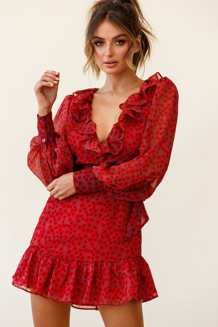 Regina Long Sleeve Ruffle Neckline Dress Flower Print Red by Selfie Leslie