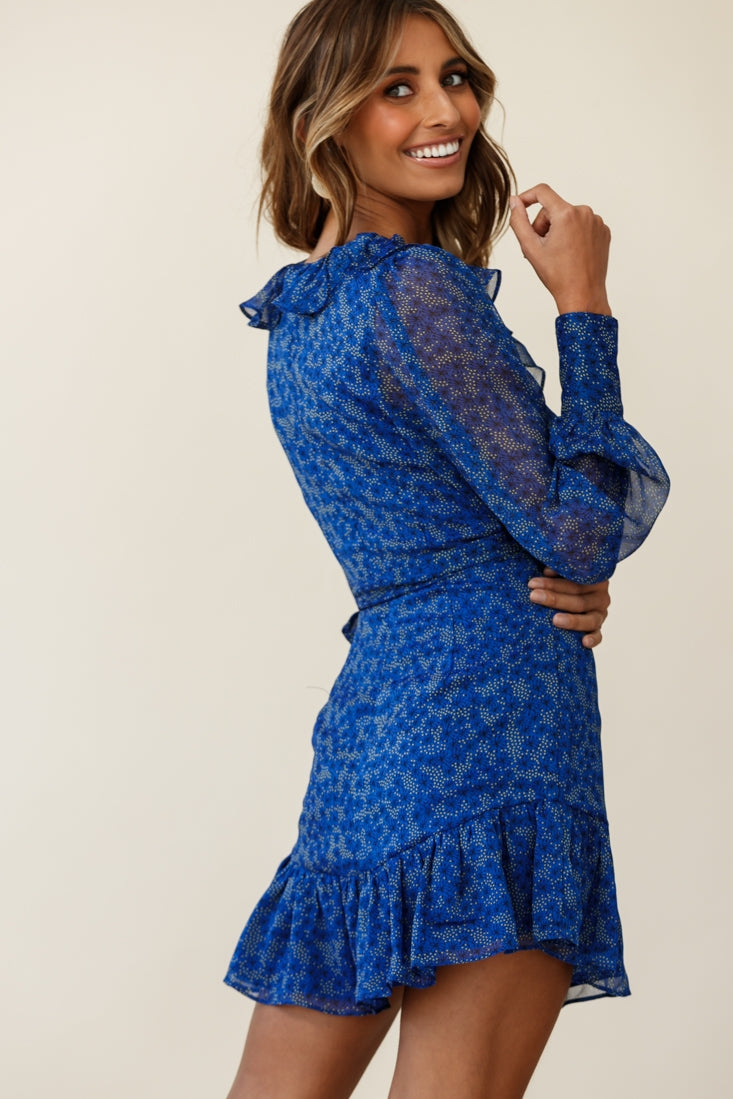 Regina Long Sleeve Ruffle Neckline Dress Flower Print Royal Blue by Selfie Leslie