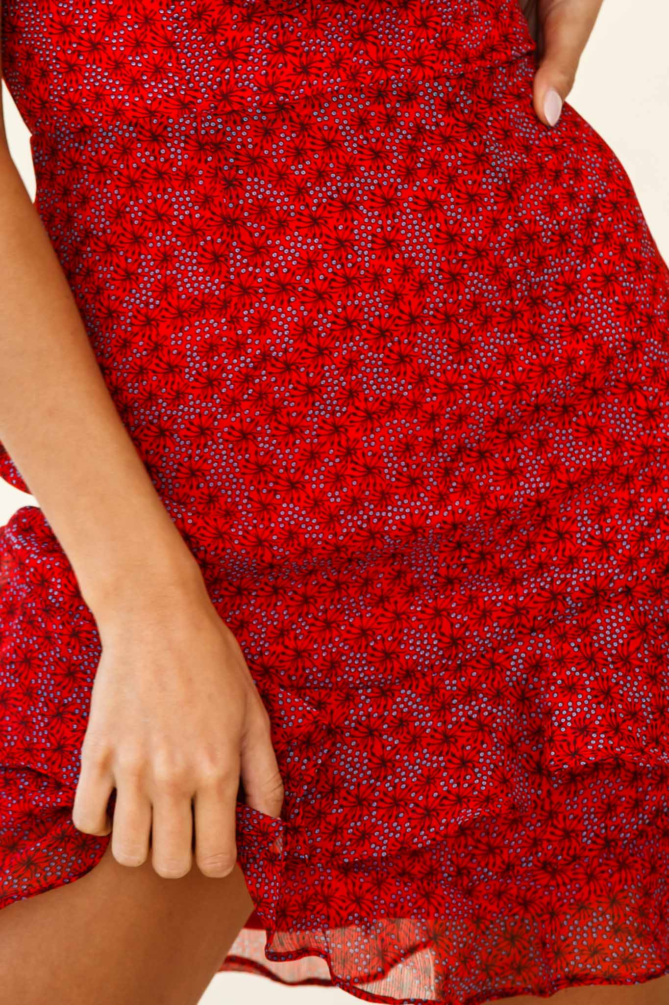 Beth Sweetheart Neckline Strapless Ruffle Dress Flower Print Red by Selfie Leslie