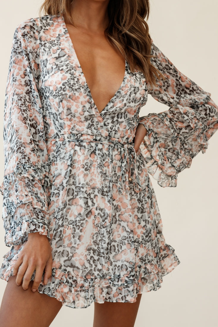 Ellena Long Bell Sleeve Frill Detail Dress Pink Leopard by Selfie Leslie