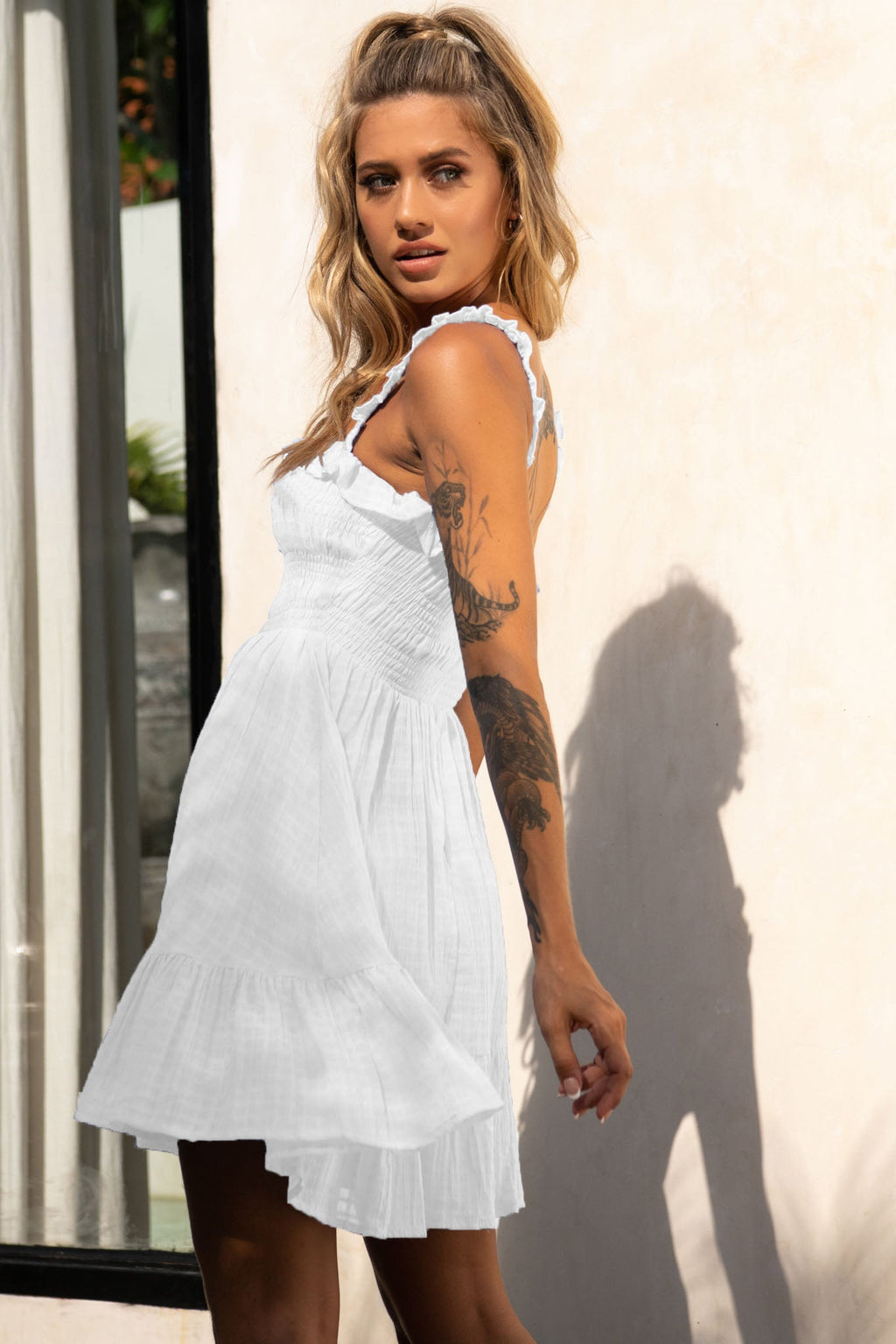 Flynn Frill Strap Shirred Bust Dress White by Selfie Leslie