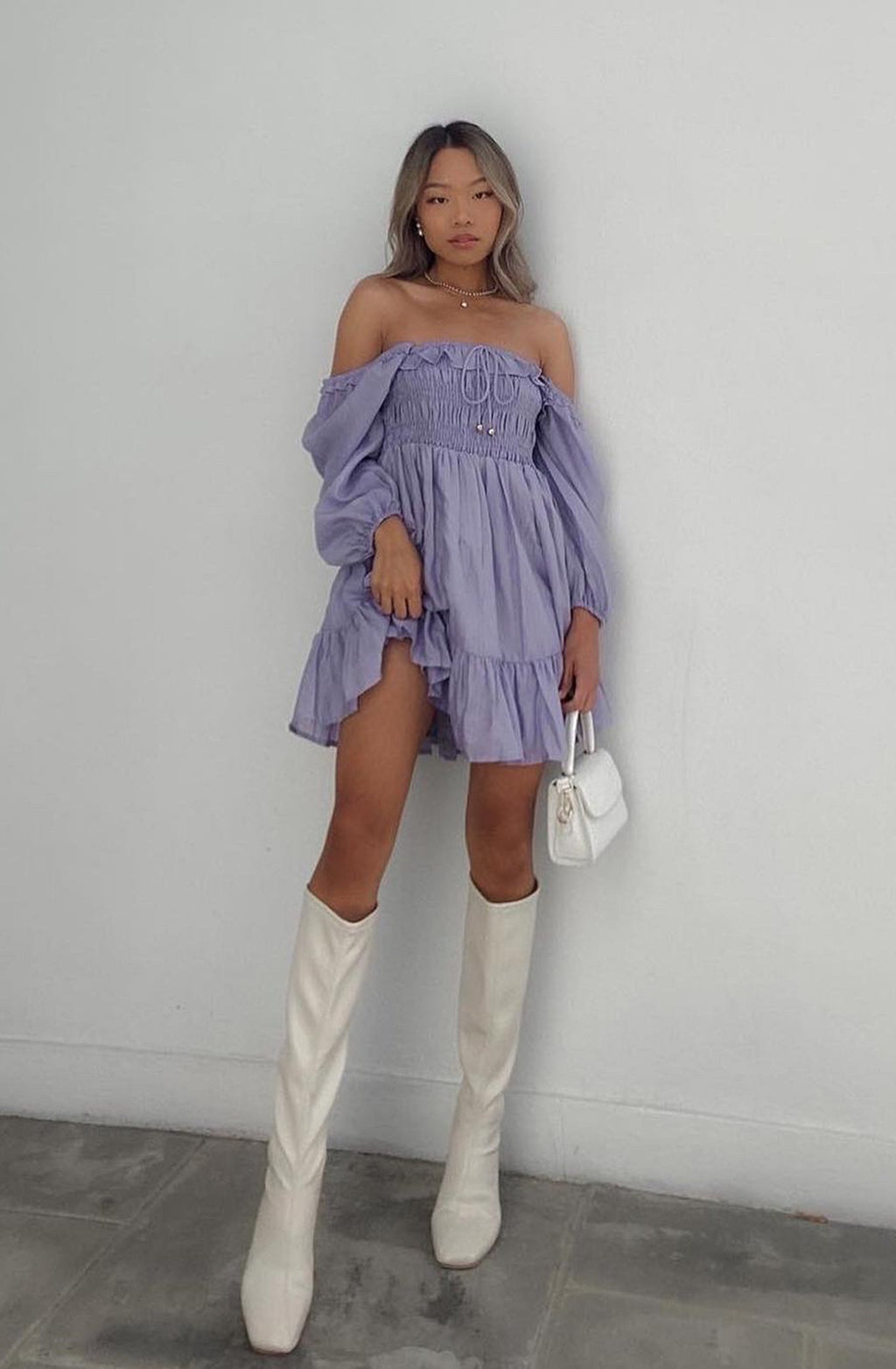 Flynn Balloon Sleeve Shirred Bust Mini Dress Lavender by Selfie Leslie
