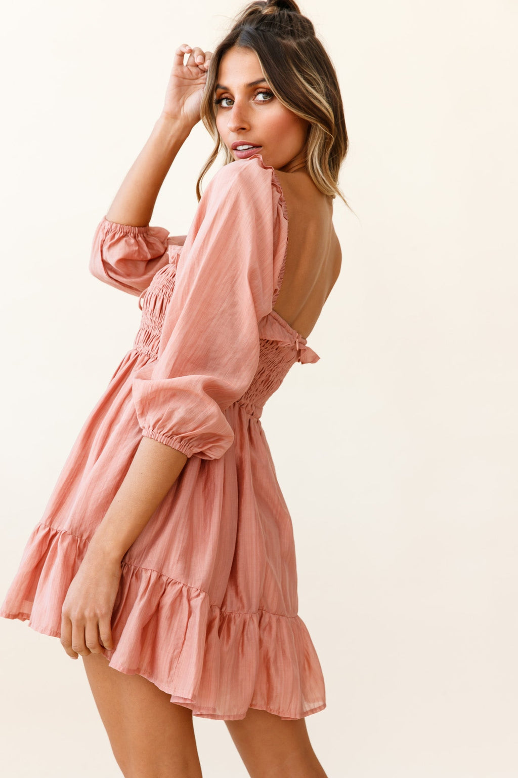 Flynn Balloon Sleeve Shirred Bust Mini Dress Mocha by Selfie Leslie