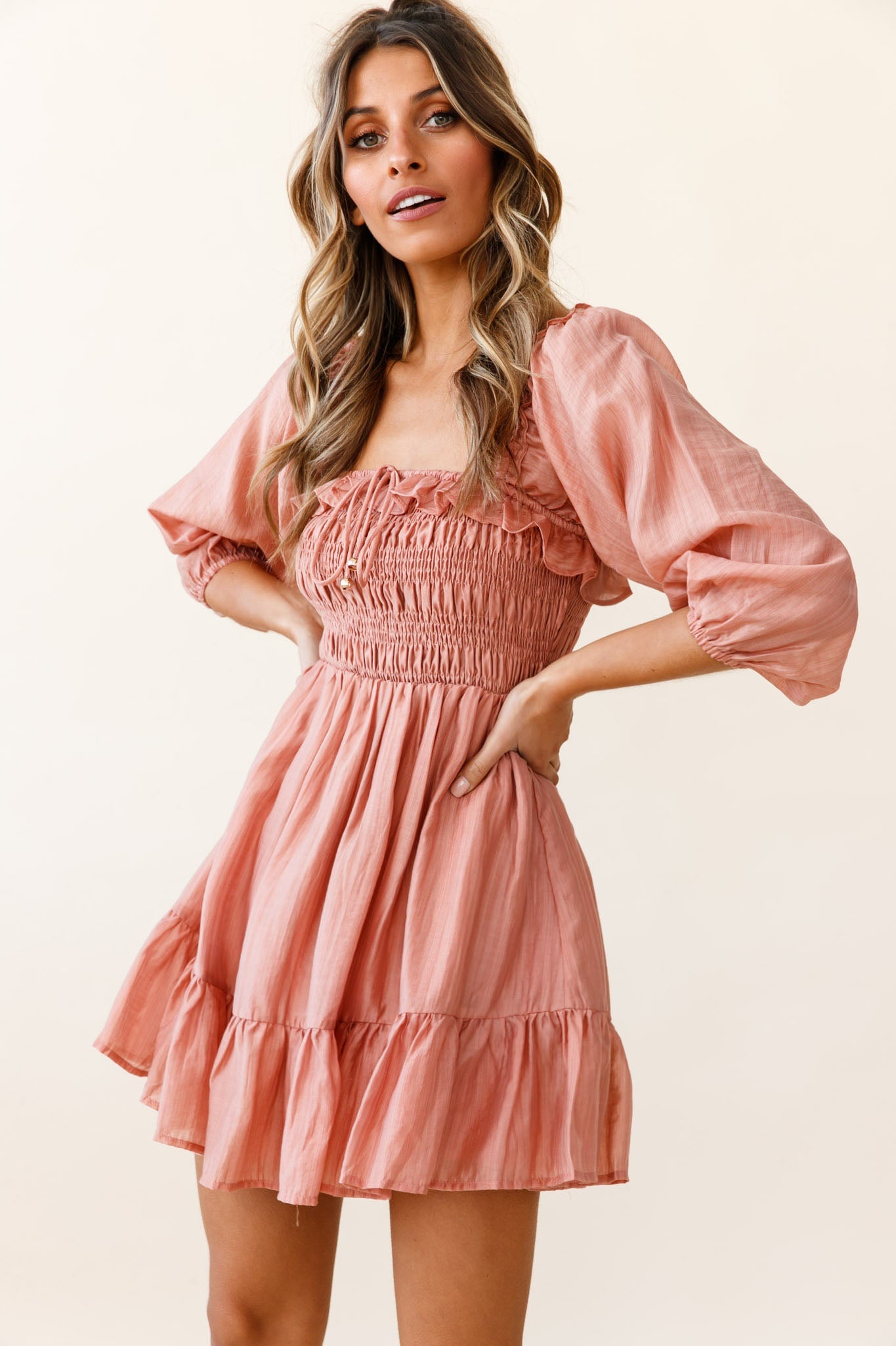 Flynn Balloon Sleeve Shirred Bust Mini Dress Mocha by Selfie Leslie