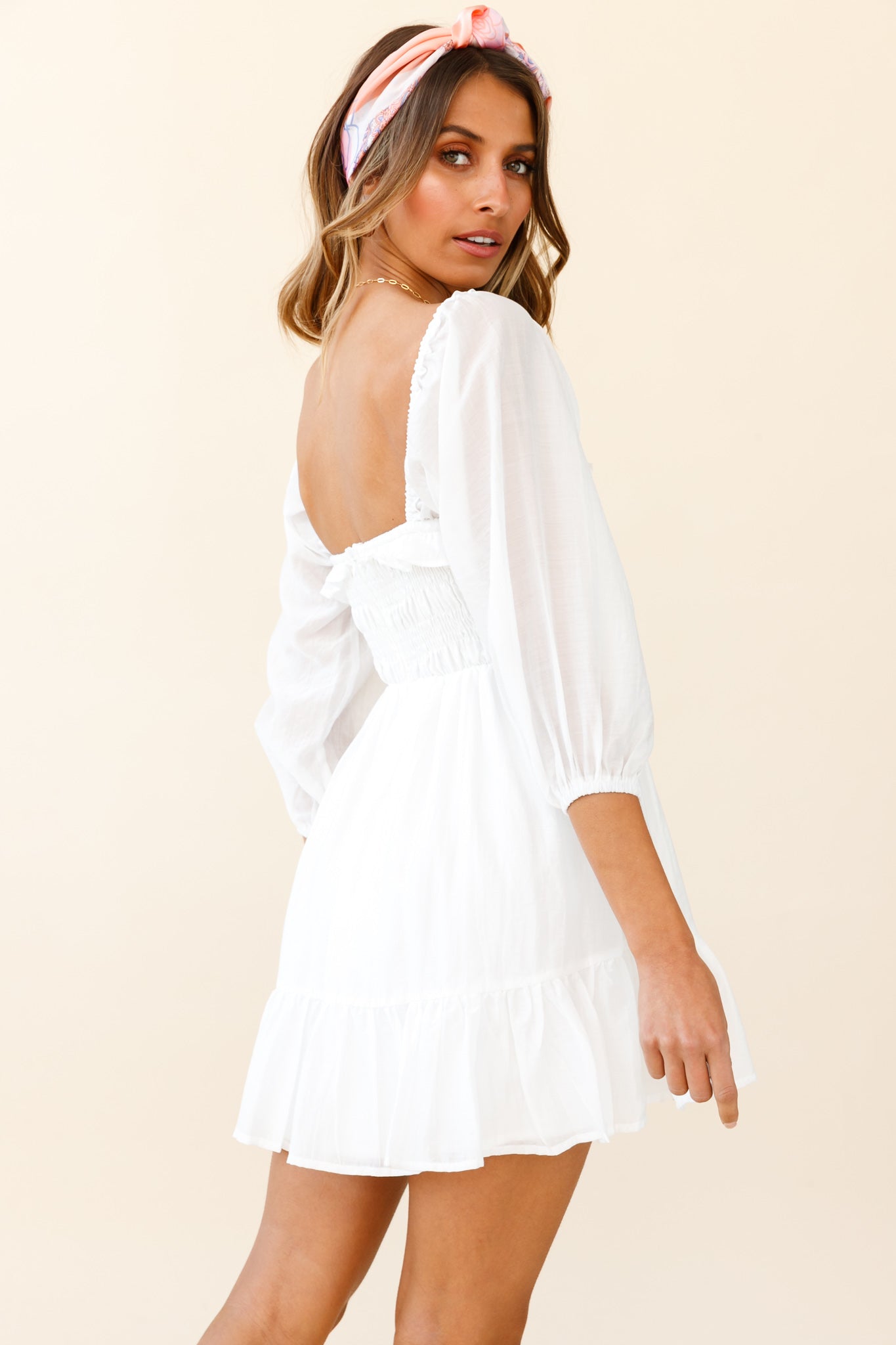 Flynn Balloon Sleeve Shirred Bust Mini Dress White by Selfie Leslie