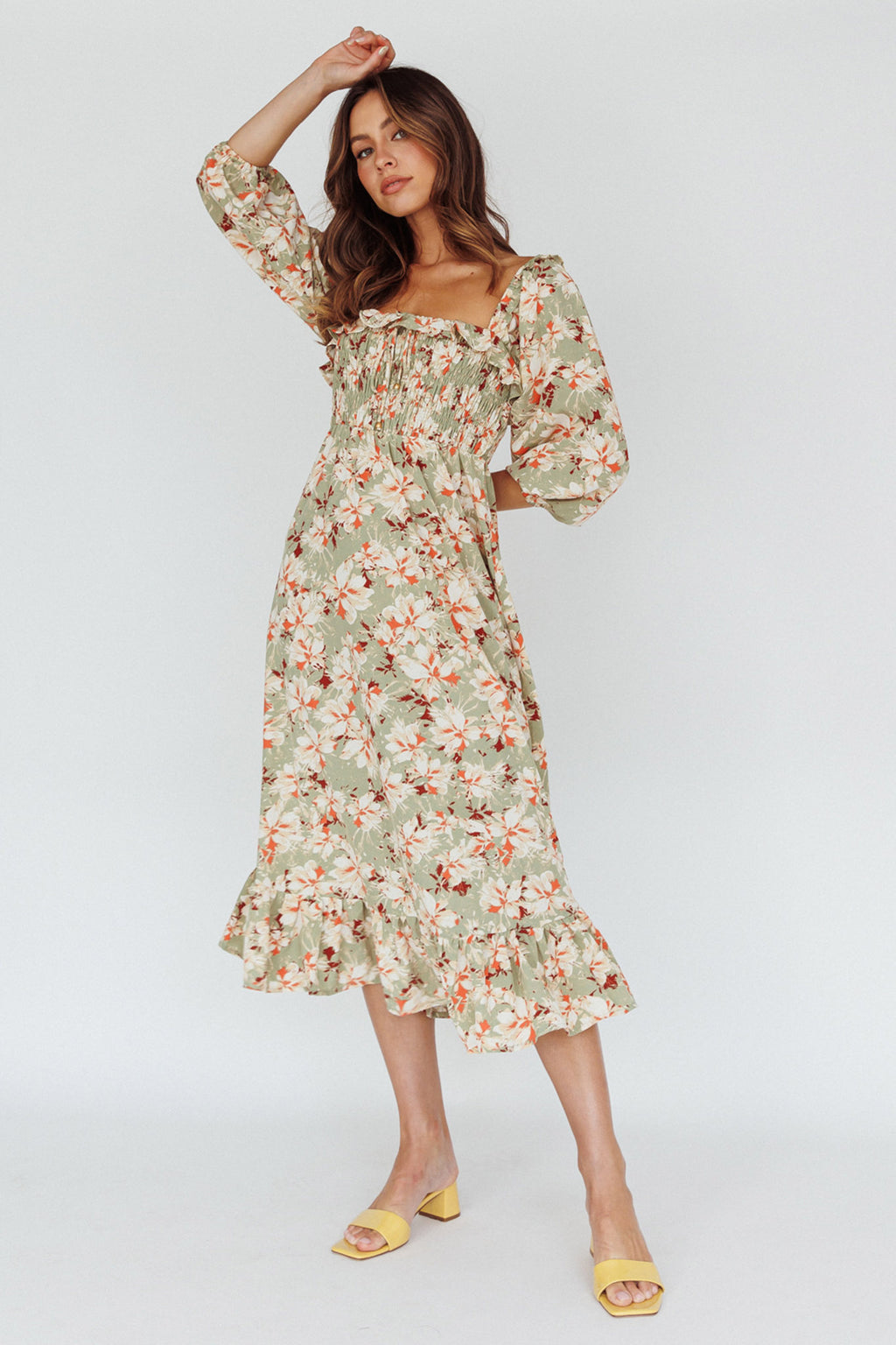 Flynn Balloon Sleeve Shirred Midi Dress Floral Green by Selfie Leslie Australia