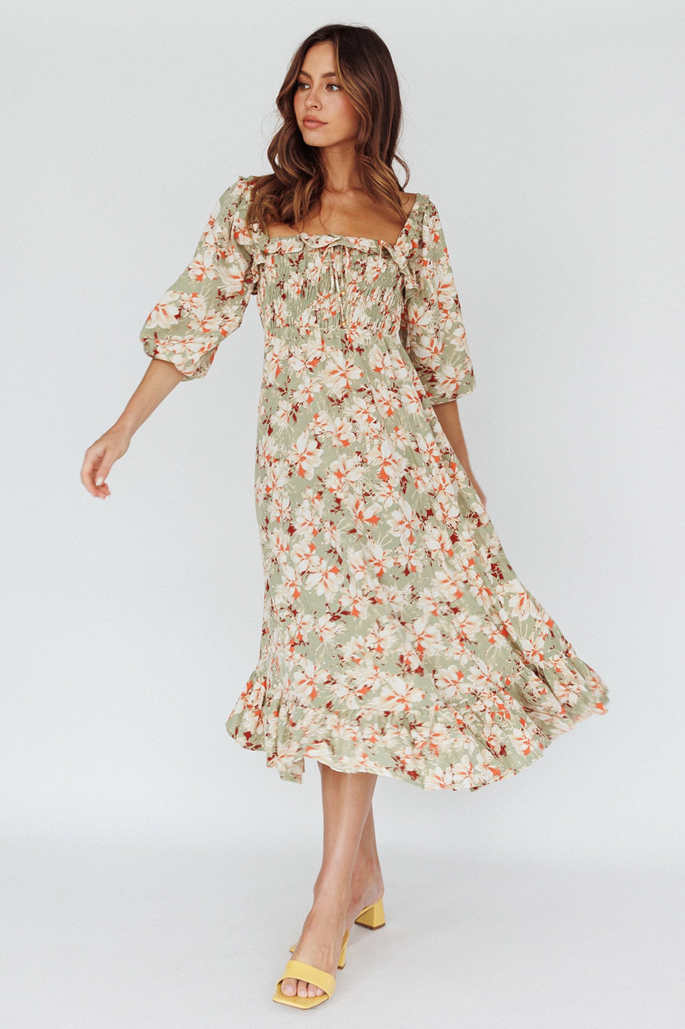 Flynn Balloon Sleeve Shirred Midi Dress Floral Green by Selfie Leslie Australia