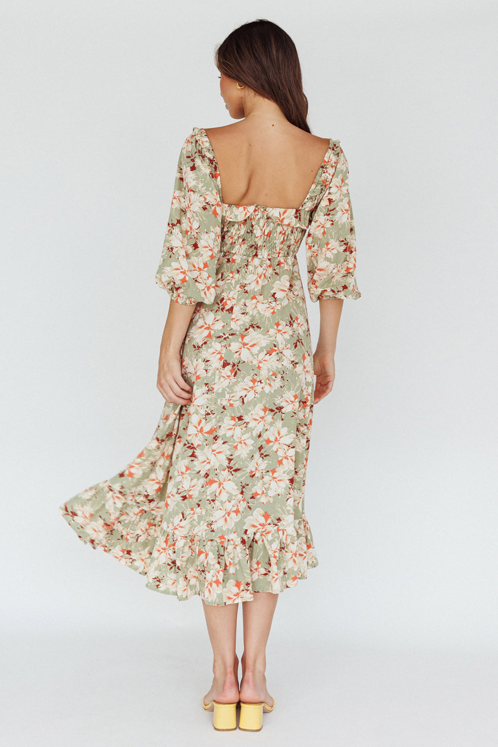Flynn Balloon Sleeve Shirred Midi Dress Floral Green by Selfie Leslie Australia