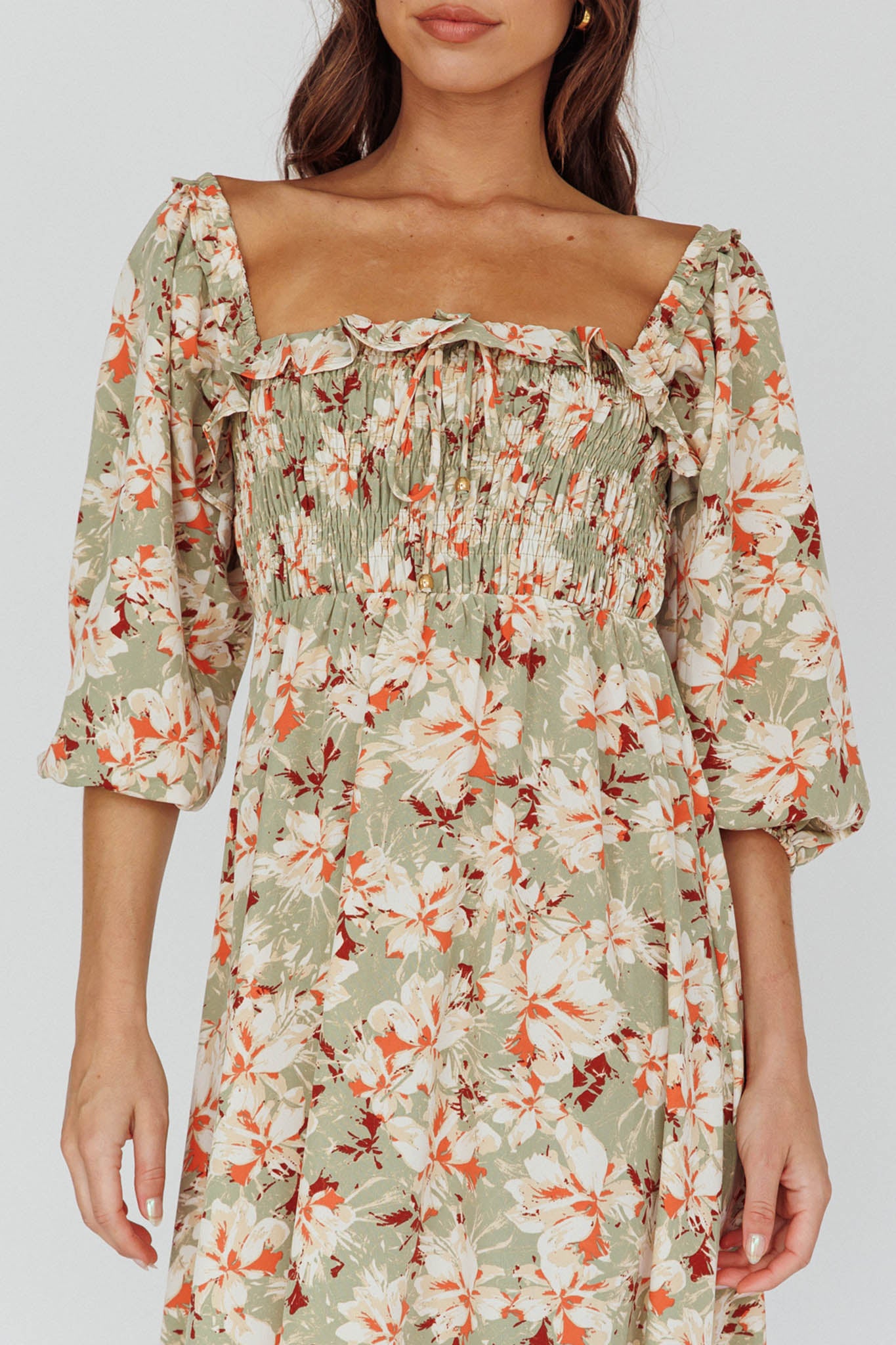 Flynn Balloon Sleeve Shirred Midi Dress Floral Green by Selfie Leslie Australia