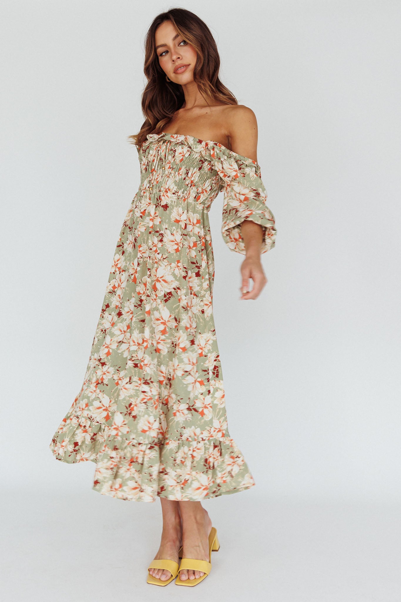 Flynn Balloon Sleeve Shirred Midi Dress Floral Green by Selfie Leslie Australia