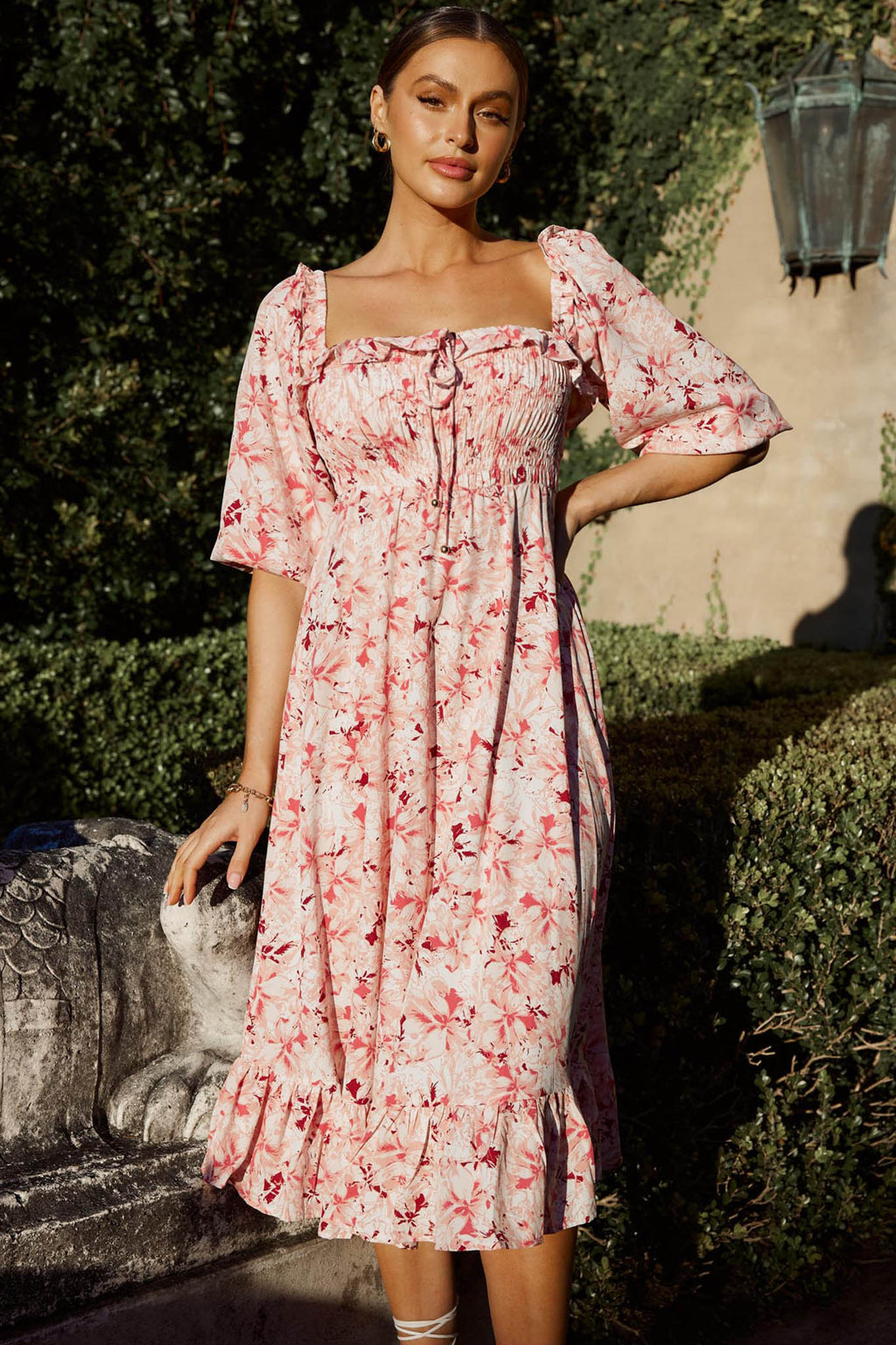 Flynn Balloon Sleeve Shirred Midi Dress Floral Pink by Selfie Leslie