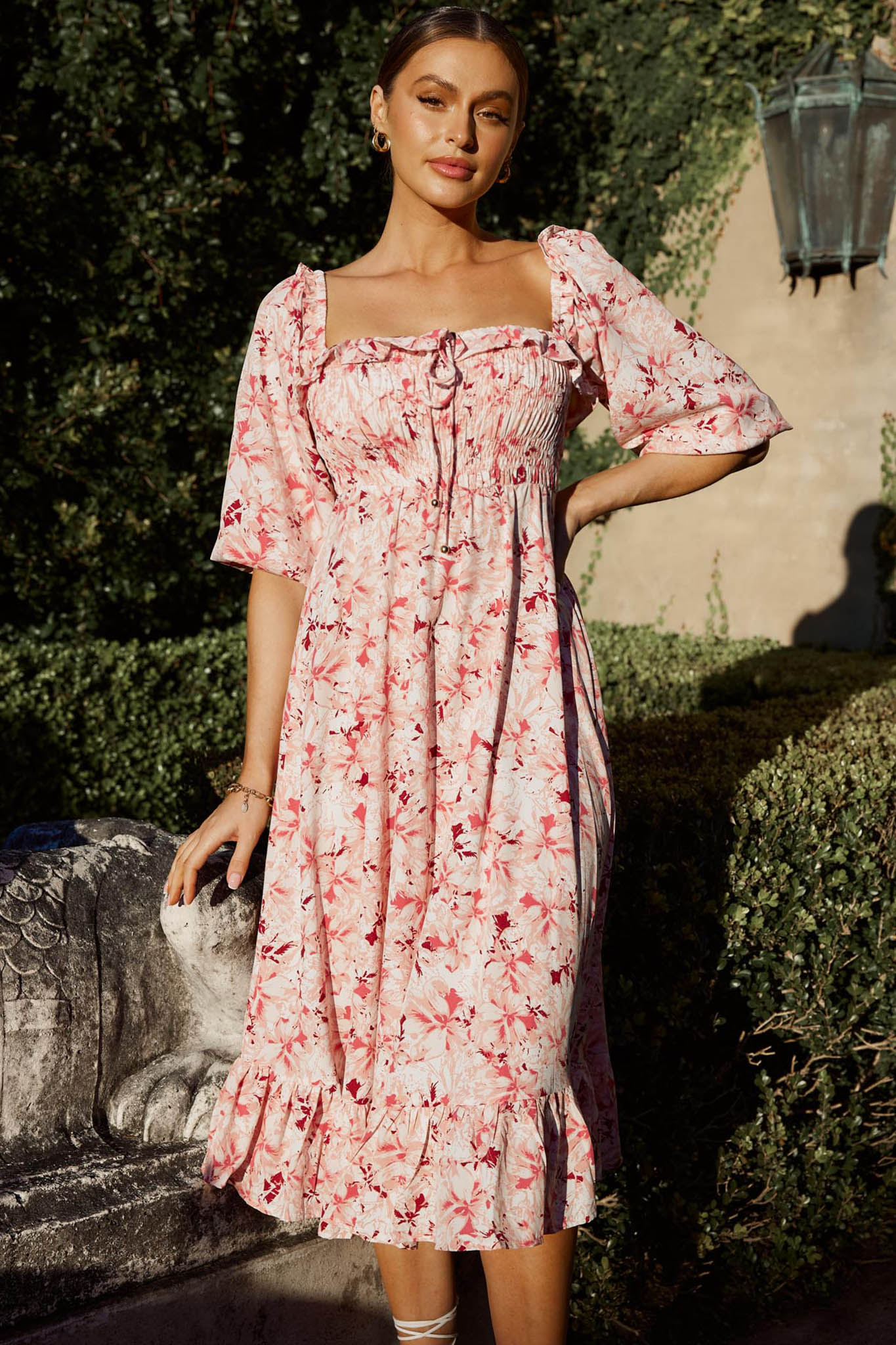 Flynn Balloon Sleeve Shirred Midi Dress Floral Pink by Selfie Leslie