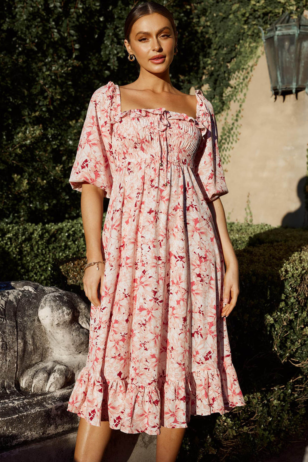 Flynn Balloon Sleeve Shirred Midi Dress Floral Pink by Selfie Leslie