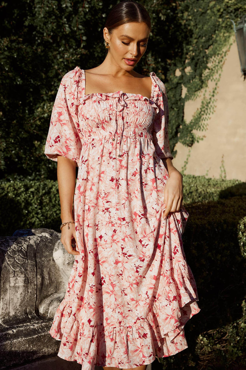 Flynn Balloon Sleeve Shirred Midi Dress Floral Pink by Selfie Leslie