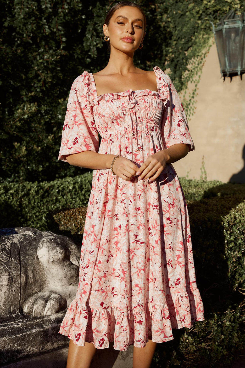 Flynn Balloon Sleeve Shirred Midi Dress Floral Pink by Selfie Leslie