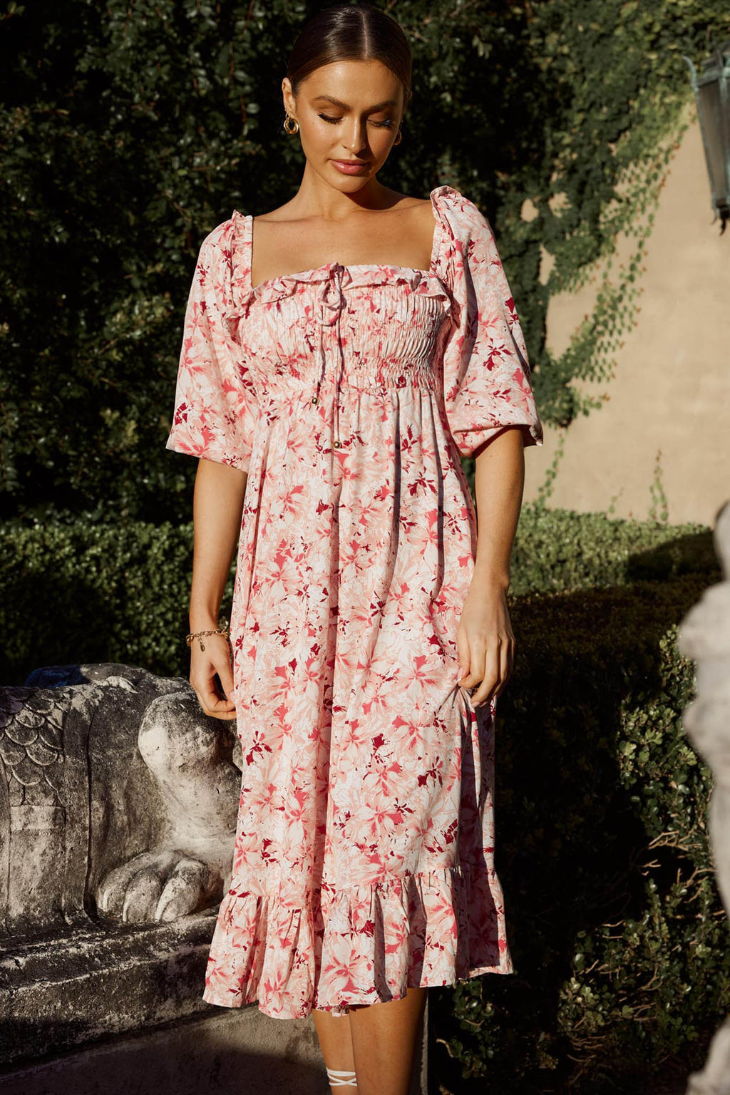 Flynn Balloon Sleeve Shirred Midi Dress Floral Pink by Selfie Leslie
