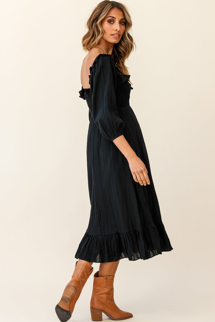 Flynn Off-Shoulder Shirred Bust Midi Dress Black by Selfie Leslie