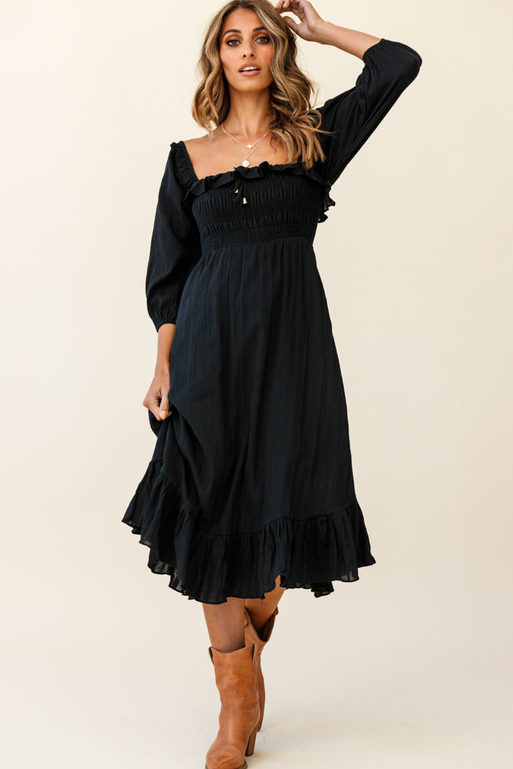 Flynn Off-Shoulder Shirred Bust Midi Dress Black by Selfie Leslie
