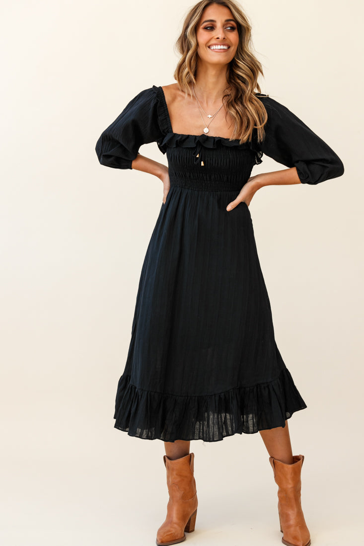 Flynn Off-Shoulder Shirred Bust Midi Dress Black by Selfie Leslie