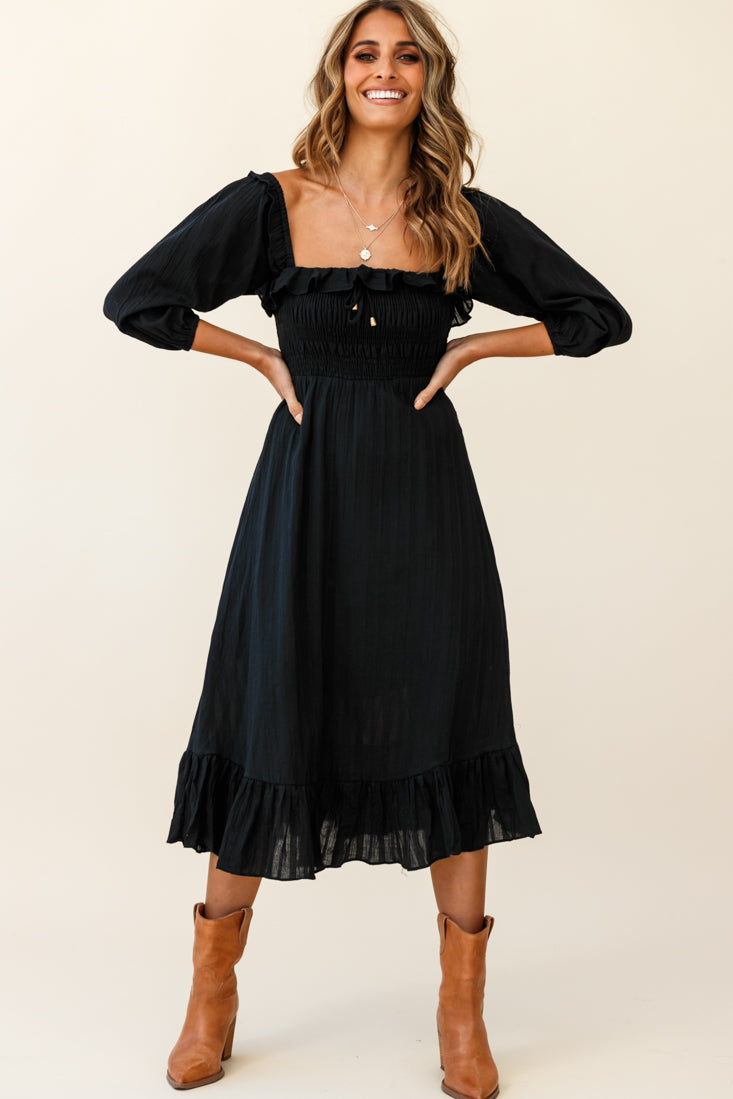 Flynn Off-Shoulder Shirred Bust Midi Dress Black by Selfie Leslie