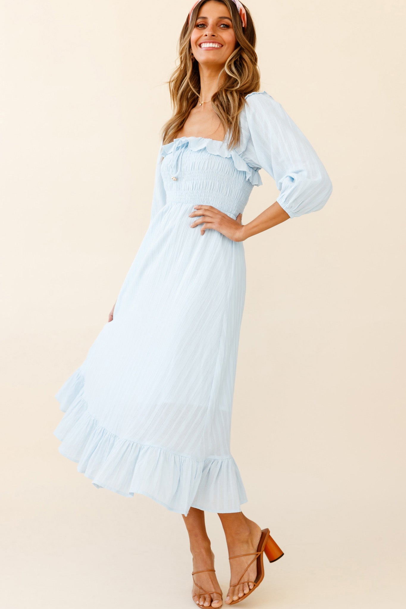 Flynn Off-Shoulder Shirred Bust Midi Dress Ice Blue by Selfie Leslie