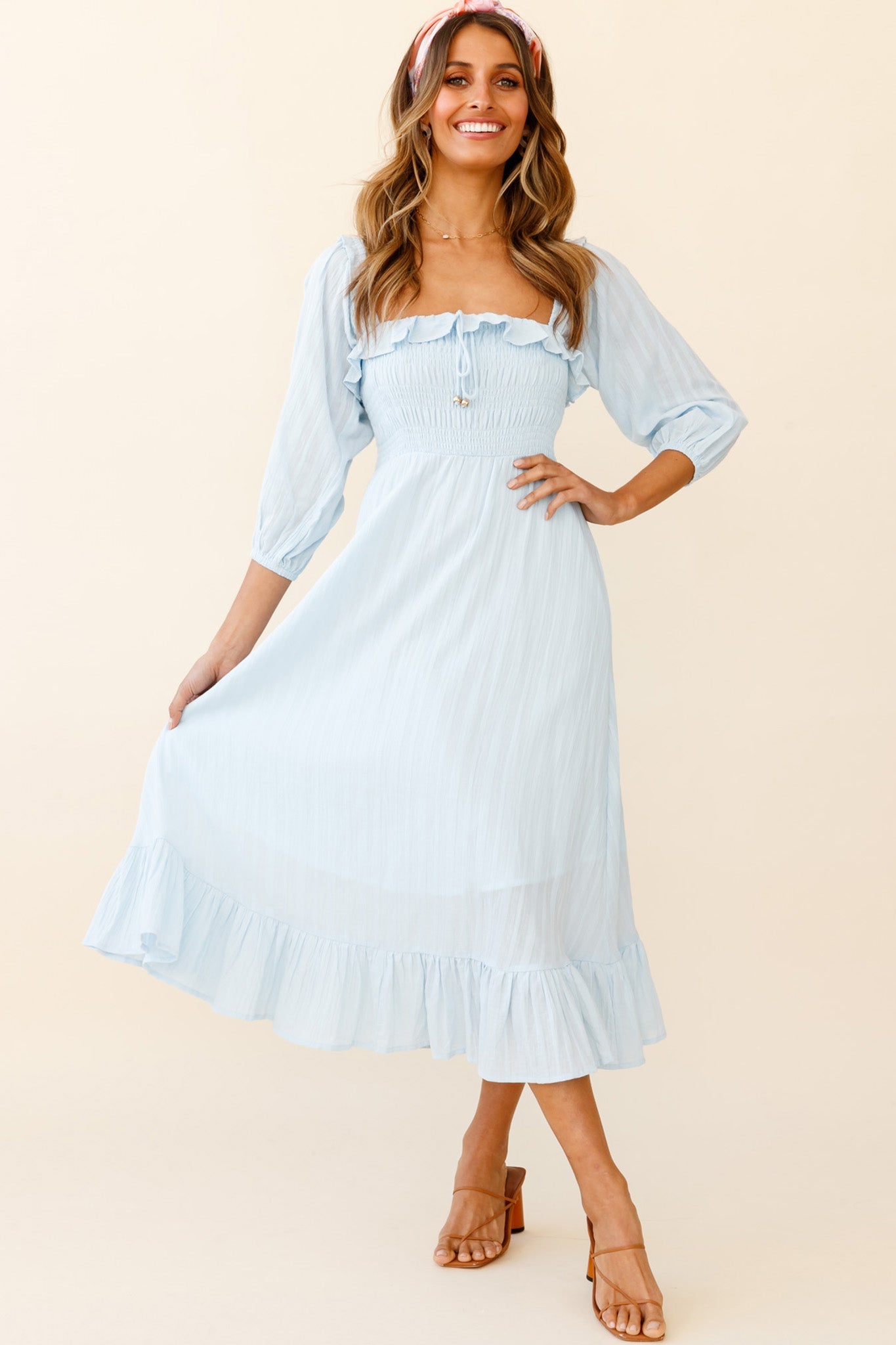 Flynn Off-Shoulder Shirred Bust Midi Dress Ice Blue by Selfie Leslie