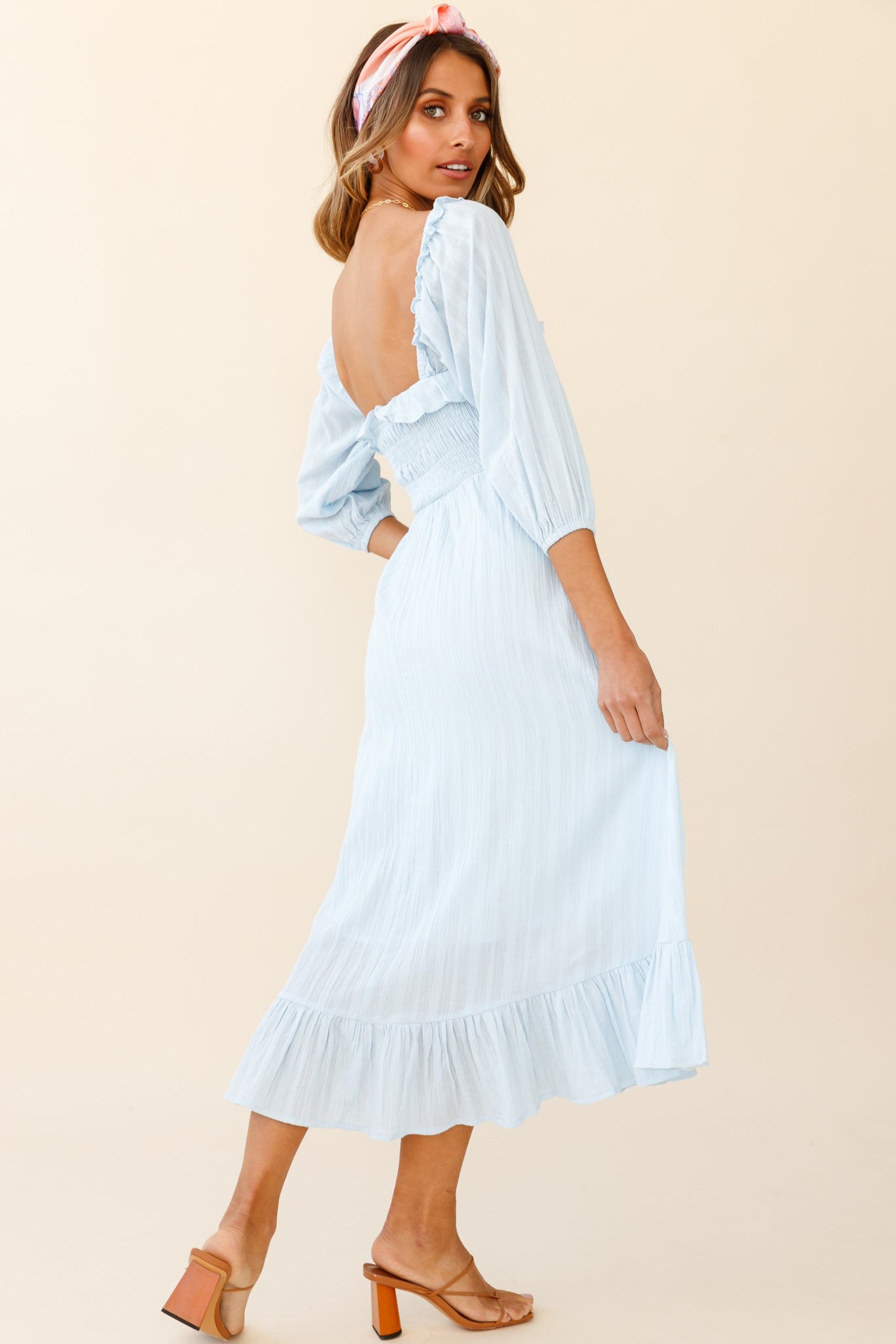 Flynn Off-Shoulder Shirred Bust Midi Dress Ice Blue by Selfie Leslie