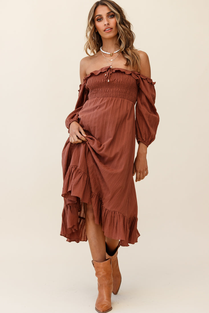 Flynn Off-Shoulder Shirred Bust Midi Dress Tan by Selfie Leslie