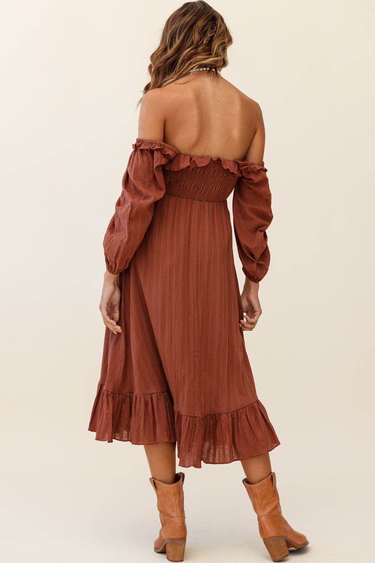 Flynn Off-Shoulder Shirred Bust Midi Dress Tan by Selfie Leslie
