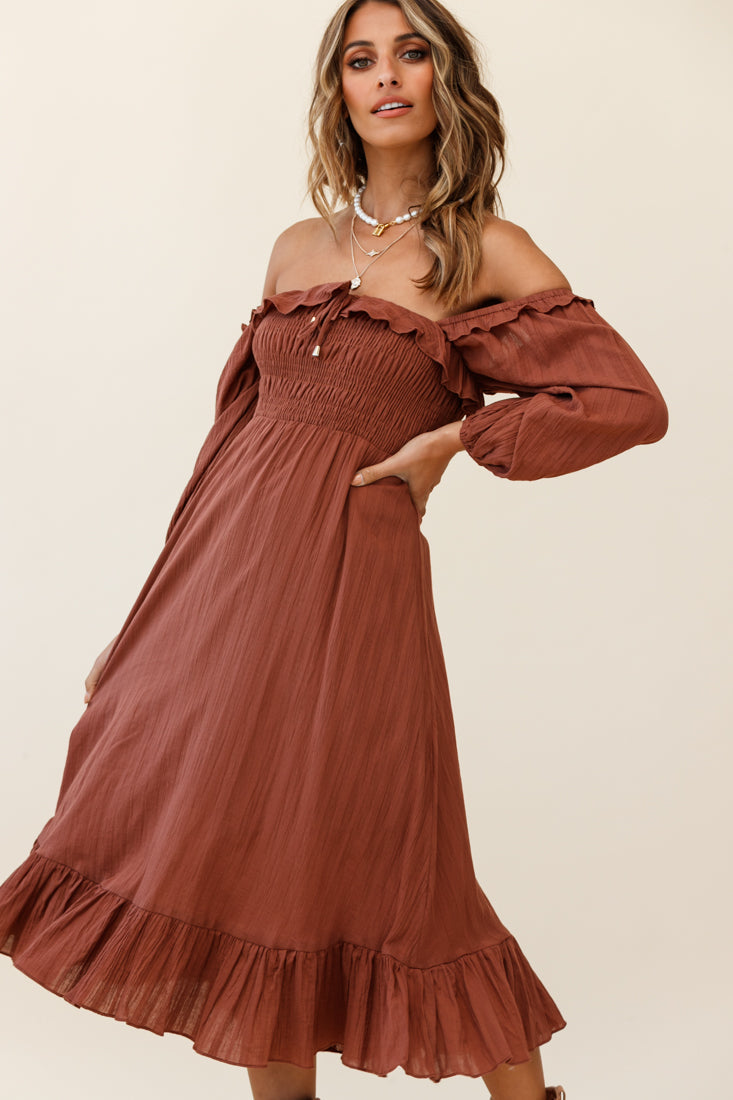 Flynn Off-Shoulder Shirred Bust Midi Dress Tan by Selfie Leslie