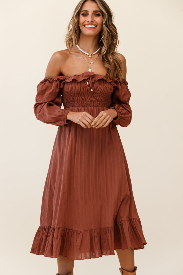 Flynn Off-Shoulder Shirred Bust Midi Dress Tan by Selfie Leslie
