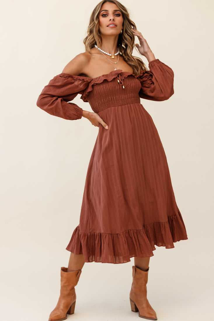 Flynn Off-Shoulder Shirred Bust Midi Dress Tan by Selfie Leslie