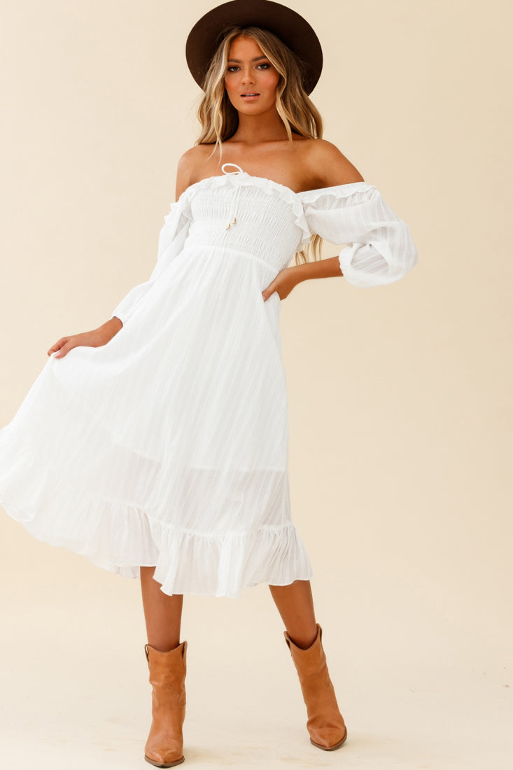 Flynn Off-Shoulder Shirred Bust Midi Dress White by Selfie Leslie
