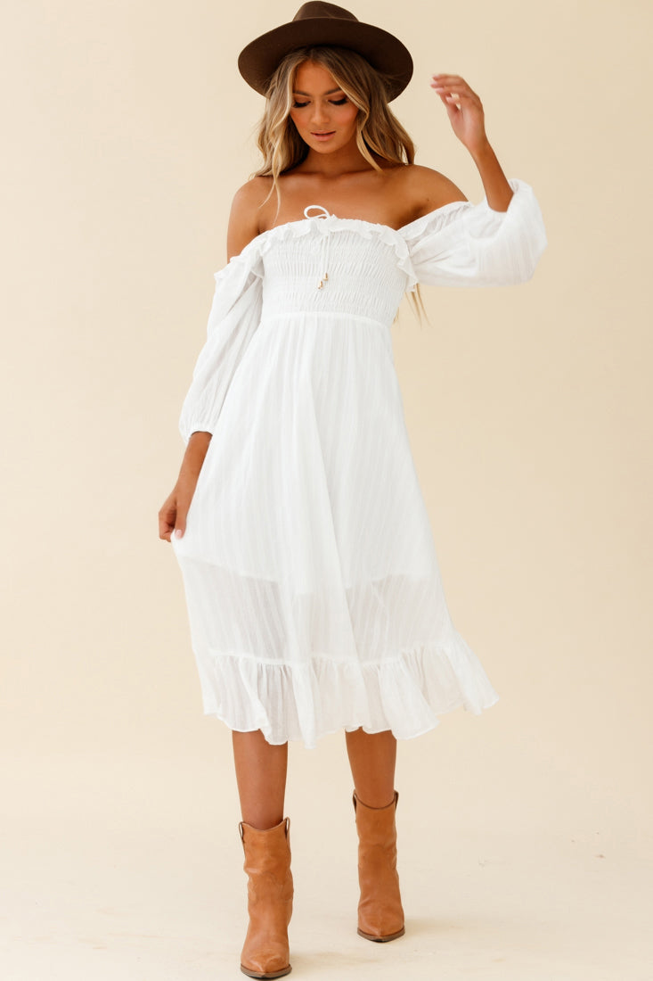 Flynn Off-Shoulder Shirred Bust Midi Dress White by Selfie Leslie