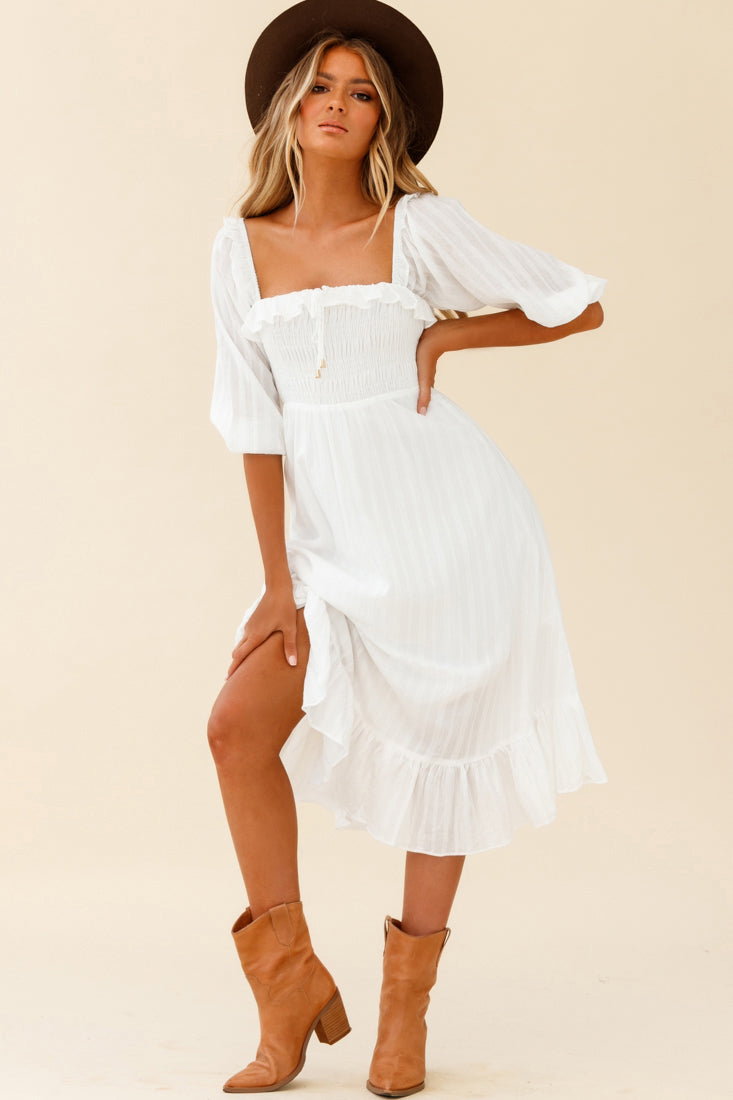 Flynn Off-Shoulder Shirred Bust Midi Dress White by Selfie Leslie