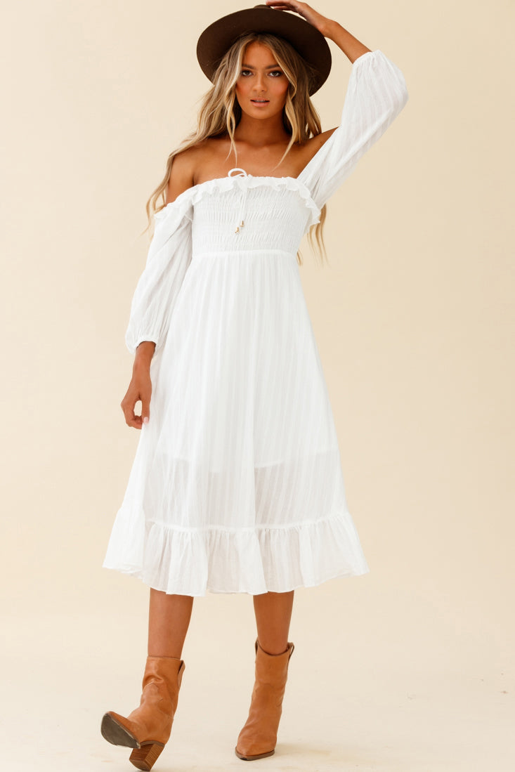 Flynn Off-Shoulder Shirred Bust Midi Dress White by Selfie Leslie