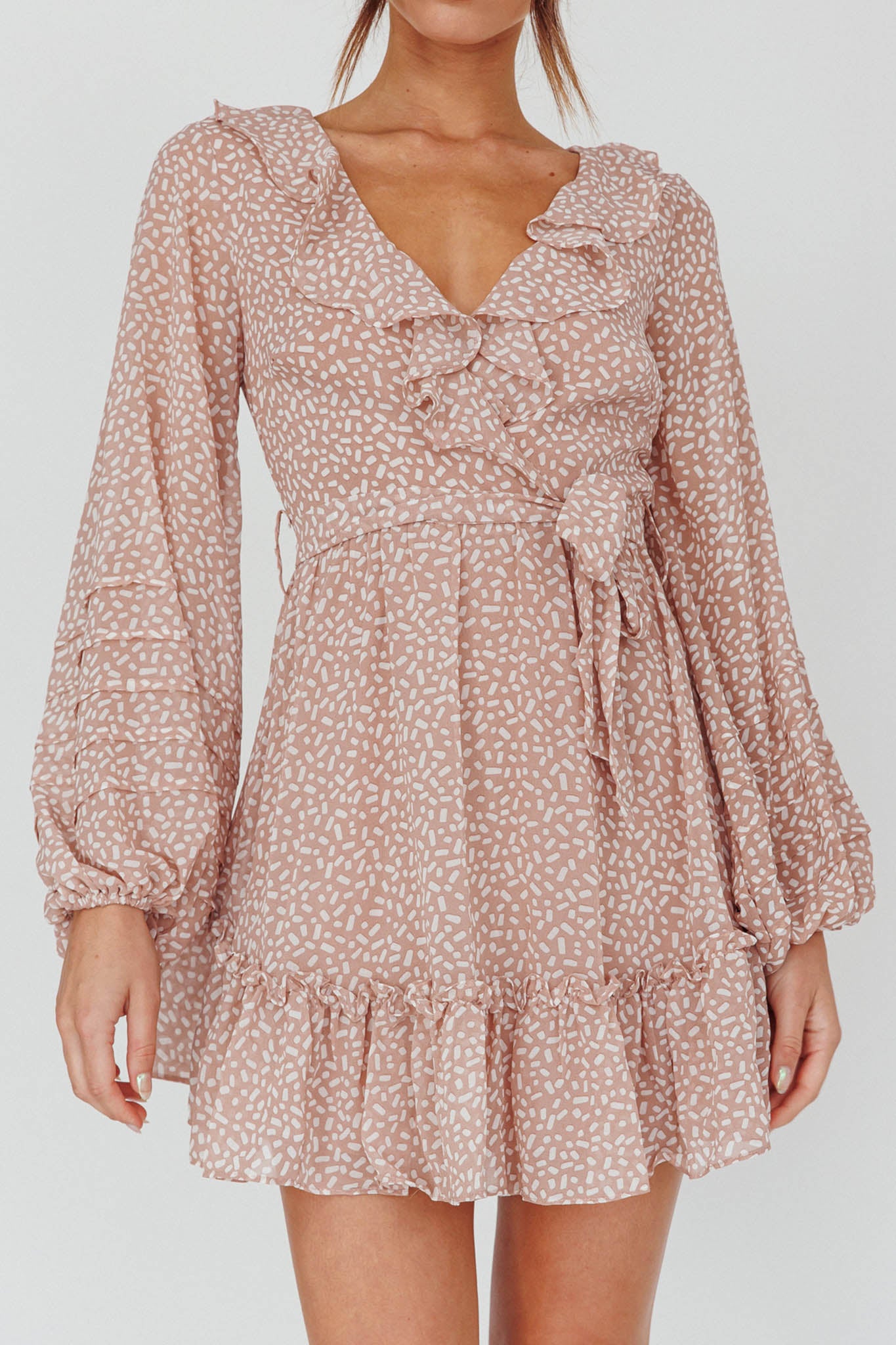 Marcheline Balloon Sleeve Waist Tie Dress Sprinkle Print Pink by Selfie Leslie Australia