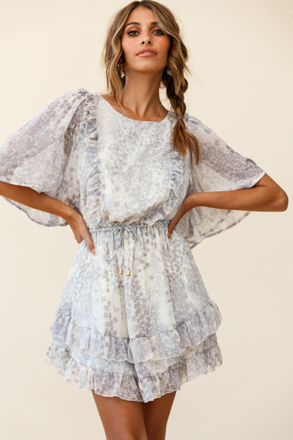 Stars Aligned Angel Sleeve Drawstring Waist Dress Star Print Grey by Selfie Leslie