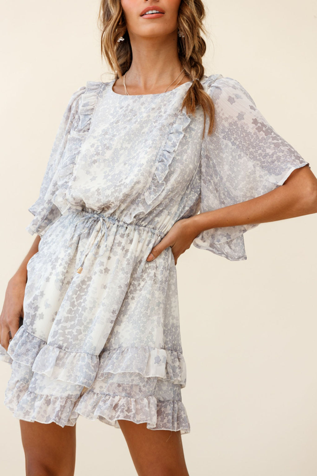 Stars Aligned Angel Sleeve Drawstring Waist Dress Star Print Grey by Selfie Leslie