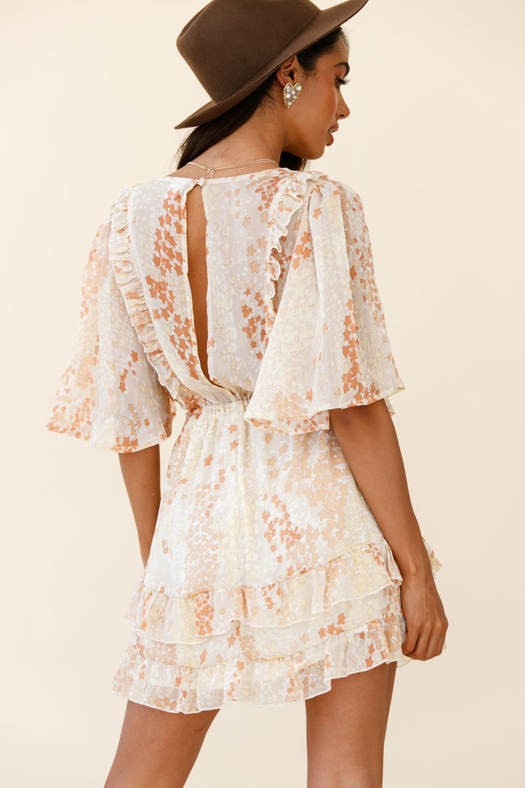 Stars Aligned Angel Sleeve Drawstring Waist Dress Star Print Orange by Selfie Leslie