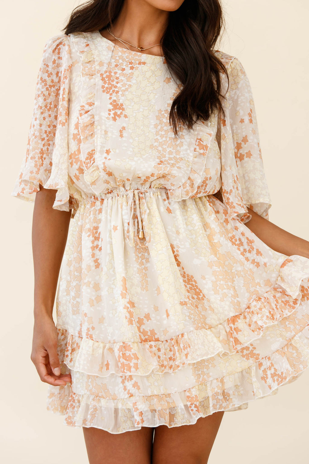 Stars Aligned Angel Sleeve Drawstring Waist Dress Star Print Orange by Selfie Leslie