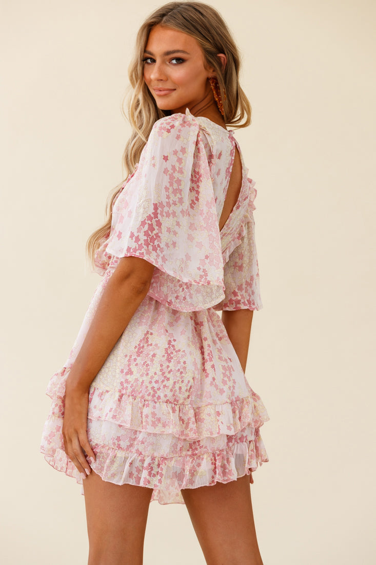 Stars Aligned Angel Sleeve Drawstring Waist Dress Star Print Pink by Selfie Leslie