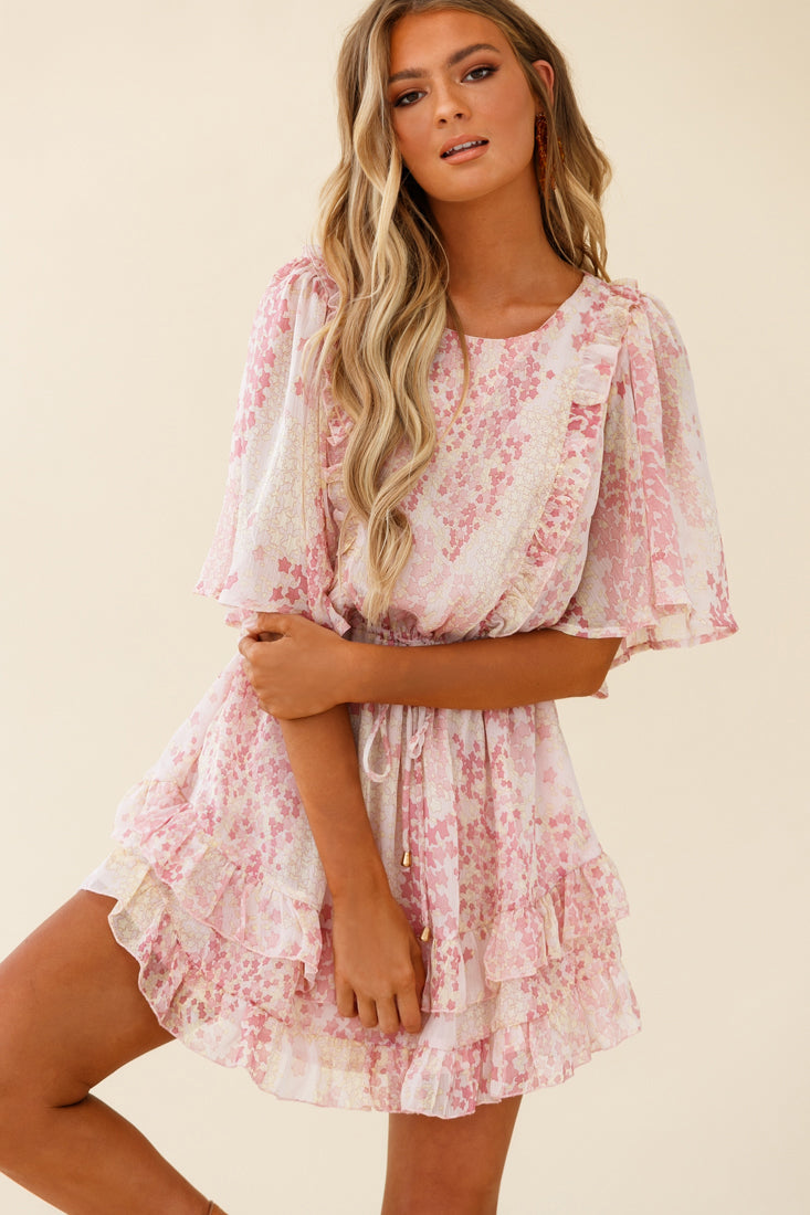 Stars Aligned Angel Sleeve Drawstring Waist Dress Star Print Pink by Selfie Leslie