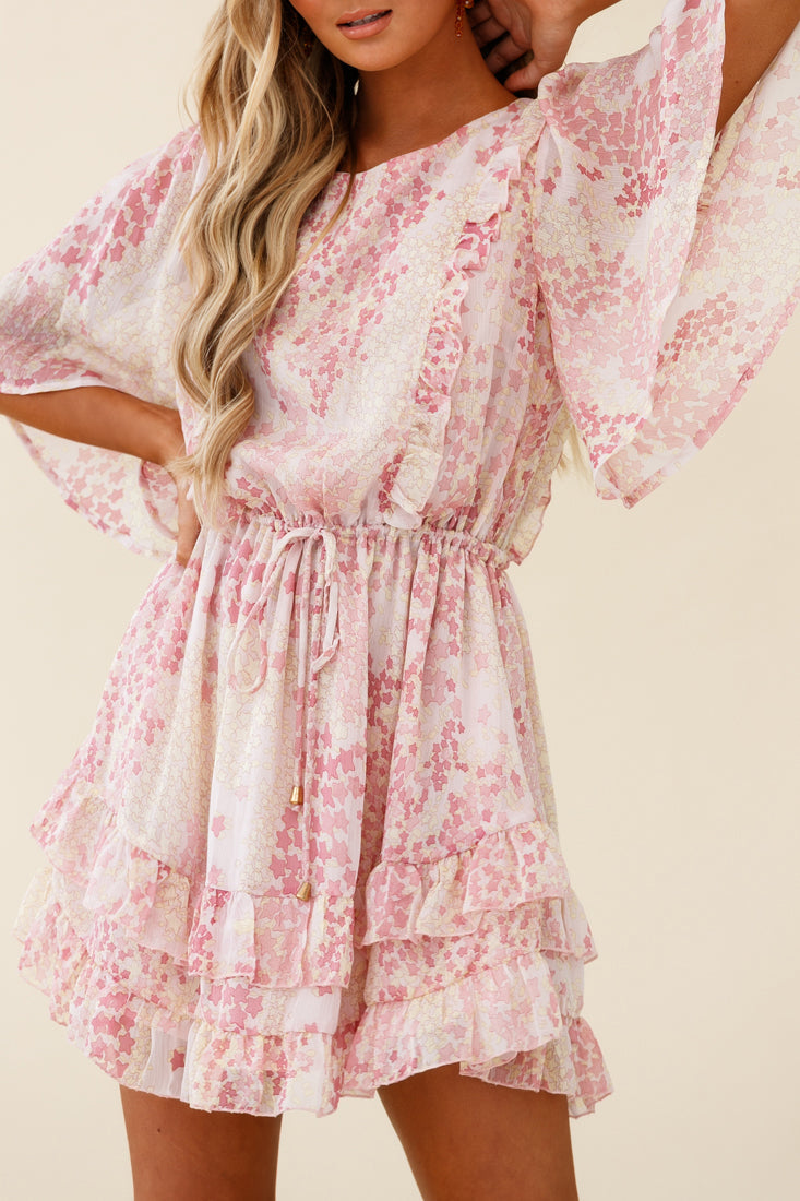 Stars Aligned Angel Sleeve Drawstring Waist Dress Star Print Pink by Selfie Leslie