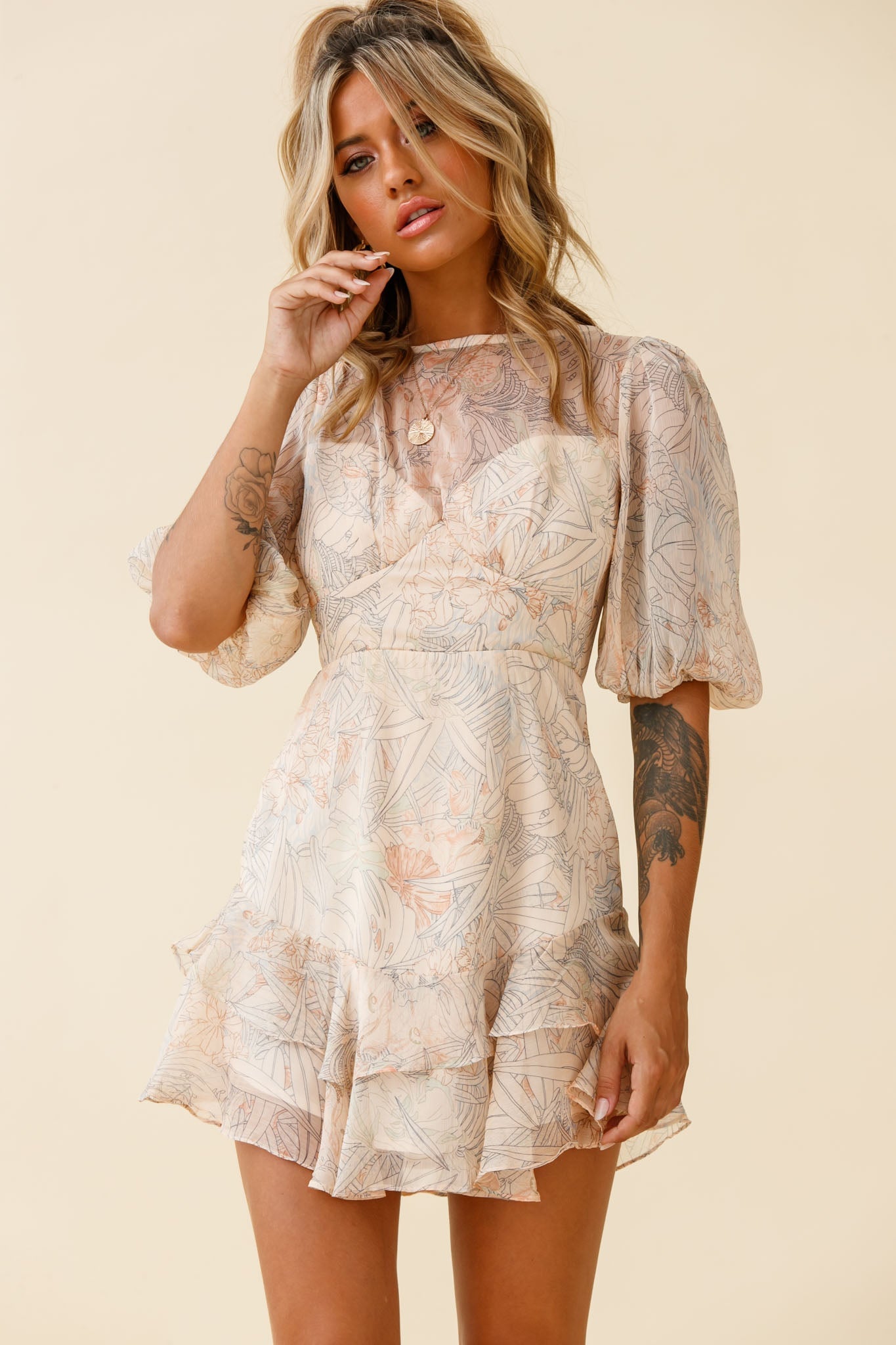 She Knows Puff Sleeve Ruffle Trim Dress Botanic Print Nude by Selfie Leslie