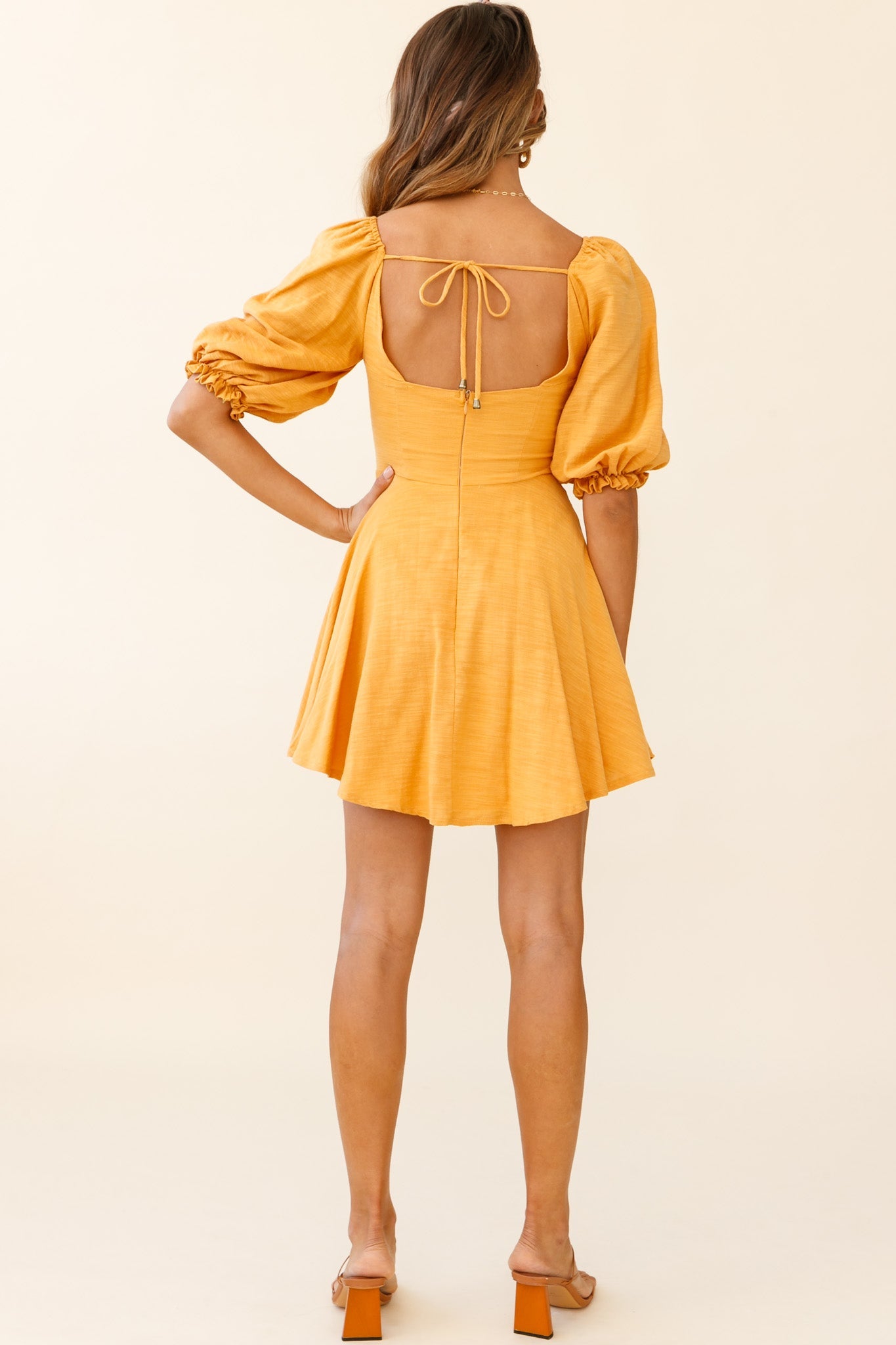 Sweet Dreams Puff Sleeve Bow Detail Dress Sunset by Selfie Leslie