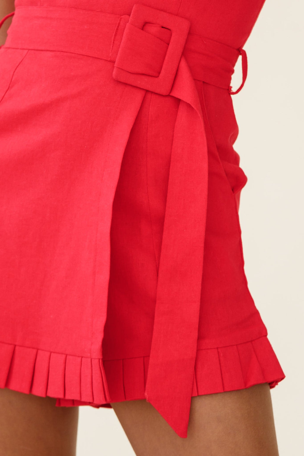 Elodie Pleat Trim Belted Skort Romper Red by Selfie Leslie